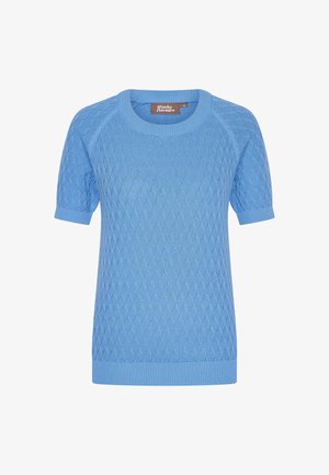 Light blue short-sleeve sweater featuring a diamond knit pattern, ribbed collar, and hem. Soft texture with a relaxed fit.