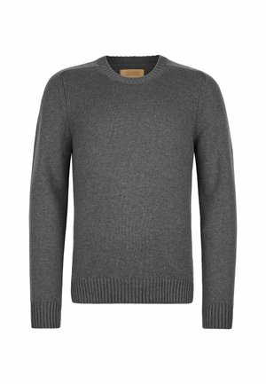 Szary dzianinowy sweter z okrągłym dekoltem, długimi rękawami, prążkowanymi mankietami i dołem, wykonany z miękkiego, teksturowanego materiału. Metka widoczna wewnątrz.