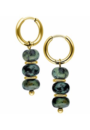 Gold hoop earrings each with three stacked mottled green and black stone beads separated by gold rings, hanging freely.