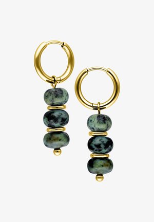 Gold hoop earrings each with three stacked mottled green and black stone beads separated by gold rings, hanging freely.