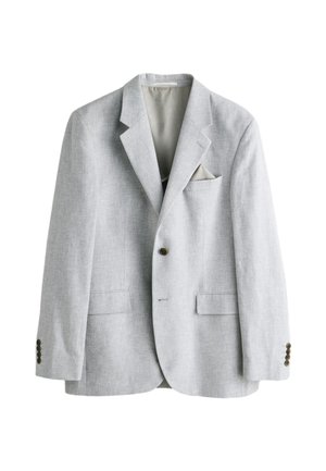 Svetlosivý jednoradový blejzer s výstrihmi, zapínaný na jedno gombík, s dvoma náprsnými vreckami a vreckovkou v náprsnom vrecku.
