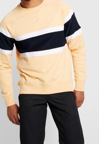 Felpa gialla chiara con righe orizzontali navy e bianche, collo a giro ribattuto e maniche lunghe, realizzata in un tessuto morbido con una vestibilità comoda.