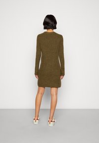 Abito lavorato a maglia verde oliva con maniche lunghe e scollo rotondo, caratterizzato da una silhouette aderente che arriva a metà coscia, sopra le ginocchia.