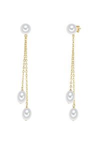 Kuldsetest kettidest kõrvarõngad, kus on kolm valget pärli, mis on kinnitatud ümmargusele pärlist studile, esitledes õrna ja voolavat disaini.