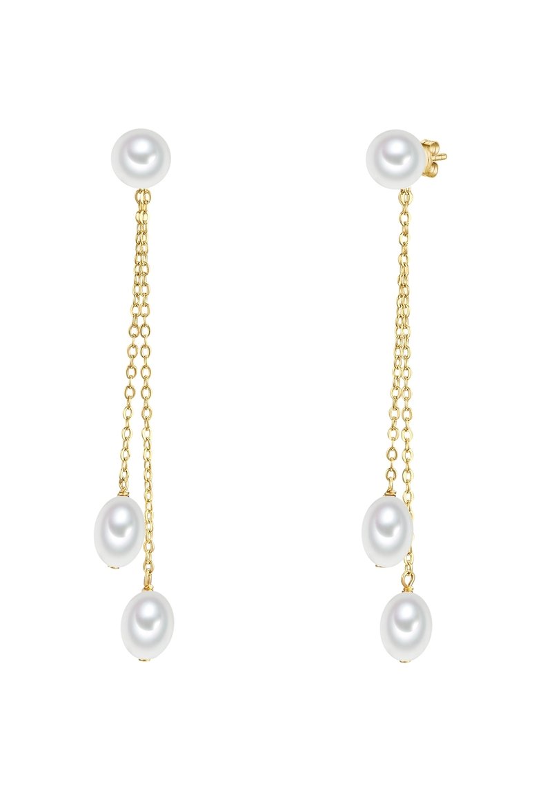 Kuldsetest kettidest kõrvarõngad, kus on kolm valget pärli, mis on kinnitatud ümmargusele pärlist studile, esitledes õrna ja voolavat disaini.