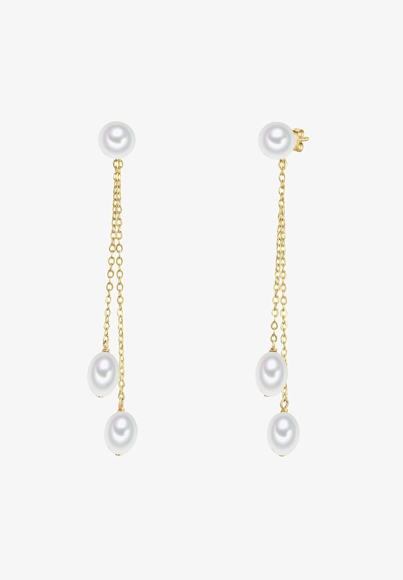 Kuldsetest kettidest kõrvarõngad, kus on kolm valget pärli, mis on kinnitatud ümmargusele pärlist studile, esitledes õrna ja voolavat disaini.