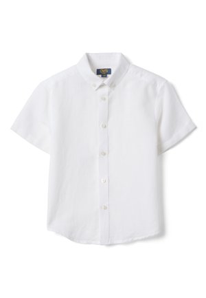 Chemise blanche à manches courtes avec col, comportant six boutons et une étiquette près de l'encolure.