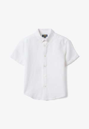 Chemise blanche à manches courtes avec col, comportant six boutons et une étiquette près de l'encolure.