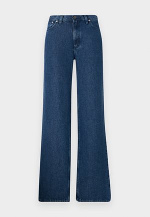 Blaue Denim-Bootcut-Jeans mit hoher Taille, fünf Taschen-Design und Metallknopfverschluss. Glatte Textur, lässiger Stil und minimale Nähte.