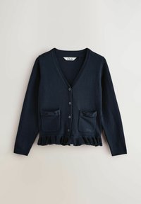 Mörkblå cardigan med V-ringning, volangsöm, två framfickor och knappstängning. Tillverkad av mjukt stickat material. Märke: Clarks.