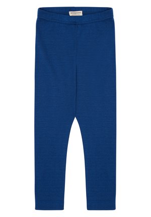 Blaue Baumwoll-Leggings mit taillierter Form, elastischem Bund und ohne sichtbare Muster oder Beschläge. Glatte Textur und ganzlängiges Design.