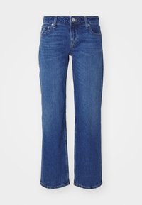 Blue denim jeans with a straight-leg cut, featuring a classic five-pocket design and subtle fading on the thighs. Button closure at the waist.