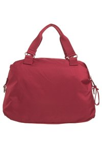 Punainen nailoninen kantokassi, jossa on kaksinkertaiset kahvat, vetoketjukiinnitys ja pehmeä, sileä pinta. Sivuissa on kiristysnauhat muodon säätämiseksi.