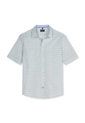 Hellblaues Kurzarmhemd mit kleinem geometrischem Dreiecksmuster und klassischem Kragen.