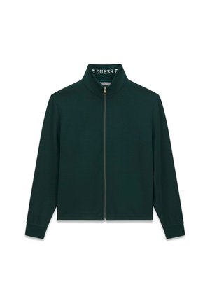 Veste zippée vert foncé avec col montant montrant le nom de la marque à l’intérieur, manches longues et poches avant.