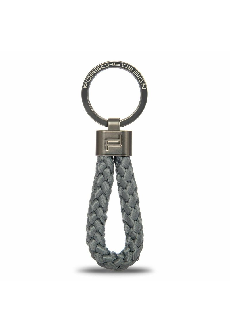 Portachiavi Porsche Design con una tracolla in pelle intrecciata grigia e un anello metallico circolare con dettagli del marchio.