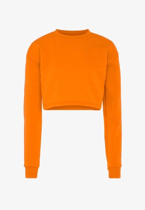 kirkkaan oranssi lyhythihais suuri huppari, jossa on pitkät hihat ja ribbiohjaimet, ominaisuuksina pyöreä pääntie ja yksinkertainen, tasapintainen muotoilu.