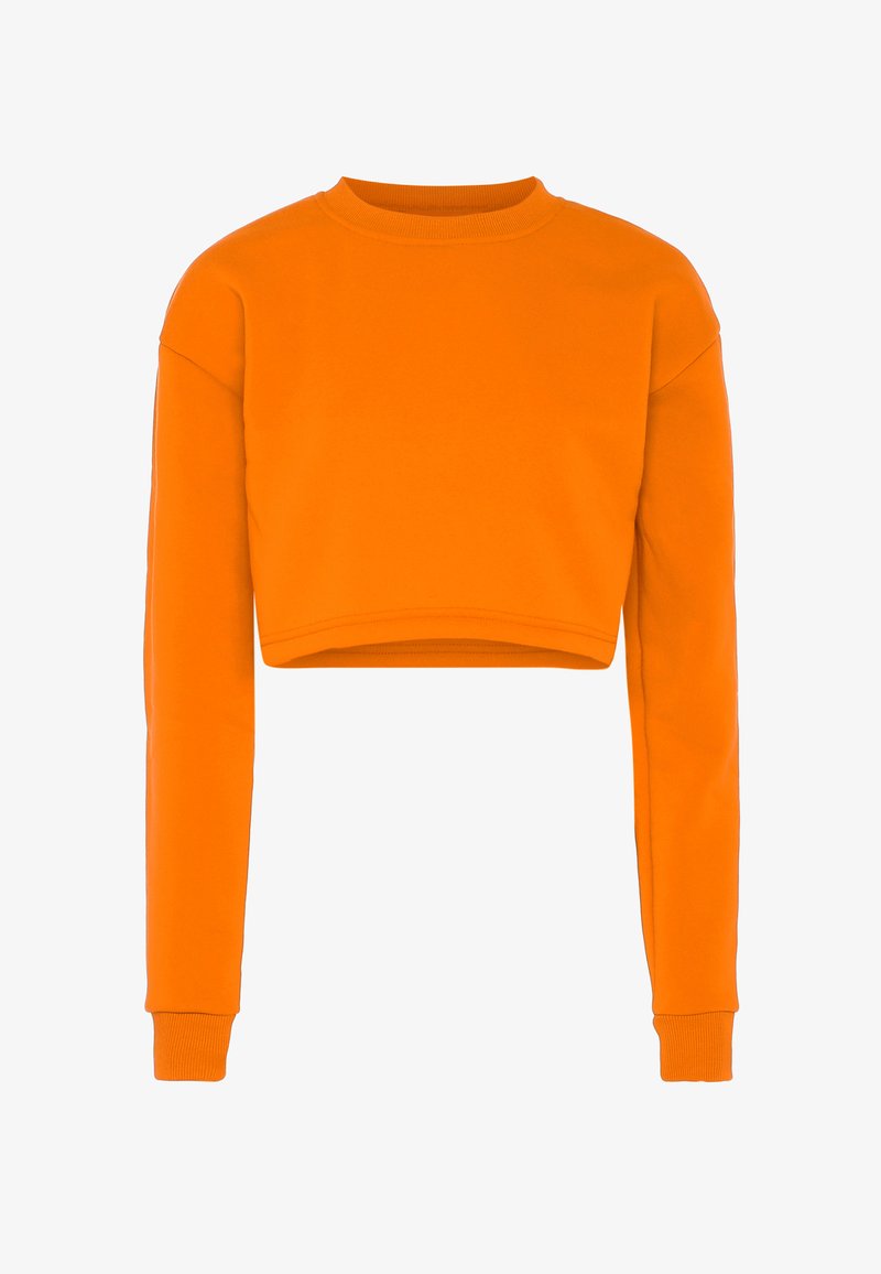 Felpa arancione brillante, corta, con maniche lunghe e polsini a coste, dotata di scollatura a girocollo e un design semplice e uniforme.