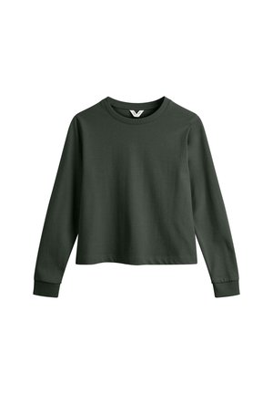 Donkergroene T-shirt met lange mouwen, gemaakt van zachte stof. Beschikt over een ronde hals en ribgebreide manchetten. Recht model zonder patronen.