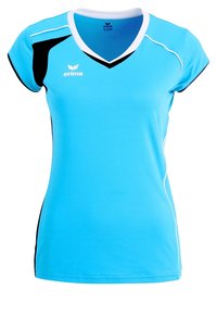 Hellblaues Kurzarm-Sporttrikot mit weißen und schwarzen Akzenten, V-Ausschnitt und "erima" Markenlogo auf der Brust und im Kragen.