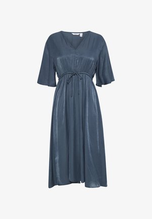 Lengvas, tamsiai mėlynas suknelė su V iškirpte, trumpomis plišančiomis rankovėmis, įtemtu juosmens bruožu ir laisvu siluetu. Lygi tekstūra su subtiliu blizgesiu.