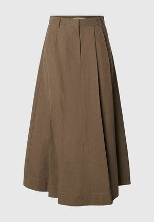 Barna midi A-vonalú szoknya övbújtatókkal és elülső varrási részletekkel egyszínű háttéren.