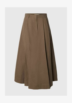 Pruun midi A-lõike seelik vööaasade ja esiküljeliste õmblusdetailidega ühtlasel taustal.