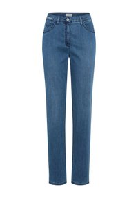 Blue denim straight-leg jeans with a button closure, two front pockets, and subtle stitching details. Smooth texture, casual design.