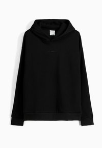 Svart hoodie av bomullsmaterial med blandning. Har en stor huva, avslappnad passform och minimalistisk design med en liten logotyp tryckt på framsidan.
