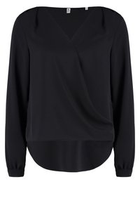 Blouse noire en tissu léger avec un col en V, des manches longues et un devant drapé. Présente un ourlet arrondi et des détails de poignet froncé.