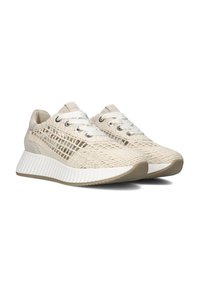 Light beige sneakers with a textured knit upper, white laces, silver eyelets, and a ridged sole. Accents include a sleek, minimal design.