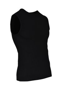 Schwarzes ärmelloses Shirt aus Baumwolle. Hat einen runden Ausschnitt und eine figurbetonte Passform. Glatte Textur ohne Muster oder Verzierungen.