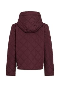 Maroon quilted jacket with a hood, featuring a diamond pattern, long sleeves, and a hem that ends at the waist. Smooth fabric texture.