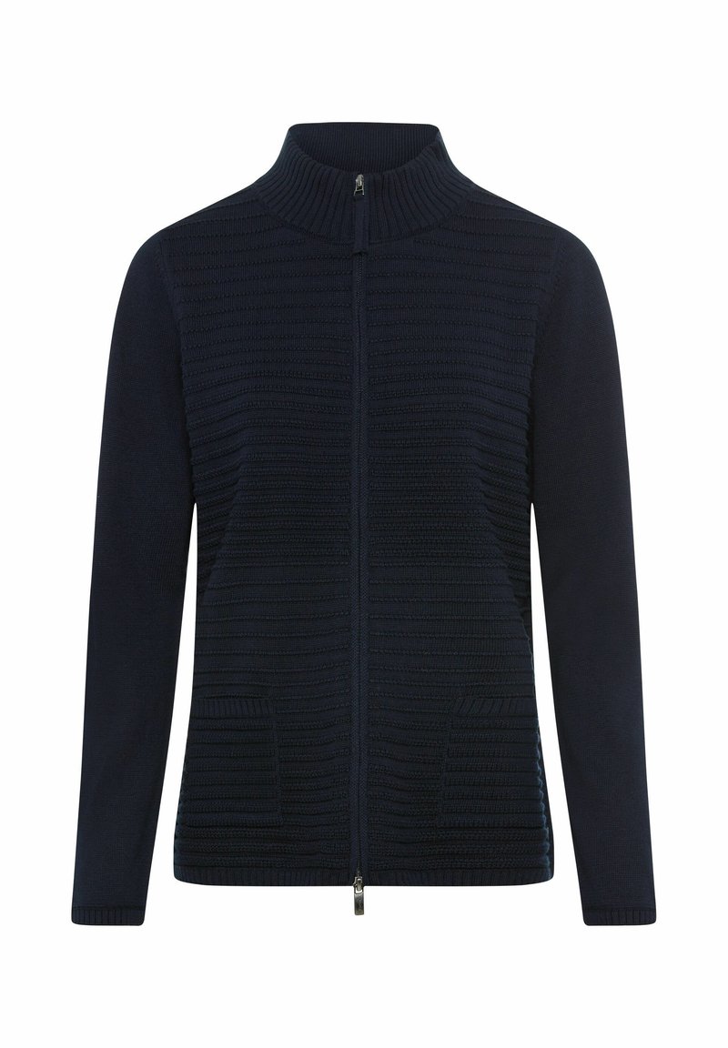 Navy Zip-Up-Strickjacke mit hohem Kragen, strukturierten Einsätzen, zwei Fronttaschen und glatt gestricktem Finish. Silberner Reißverschluss-Akzent.