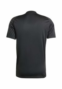 Black short-sleeve athletic shirt with a round neckline, made of smooth, moisture-wicking fabric, featuring a clean, simple design.