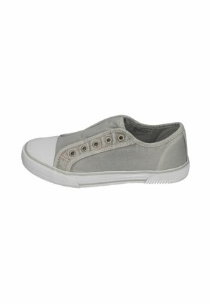 Light gray canvas slip-on sneaker with white rubber toe cap and sole, metal eyelets, and no visible laces, shown from the side.