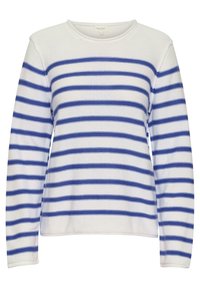 Maglione bianco a maniche lunghe con righe orizzontali blu, texture a costine e collo rotondo. Presenta una vestibilità rilassata e maniche con polsini.