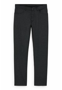 Černé elastické kalhoty s texturovaným povrchem, klasickým designem s pěti kapsami, zapínáním na knoflík a standardním pasem.