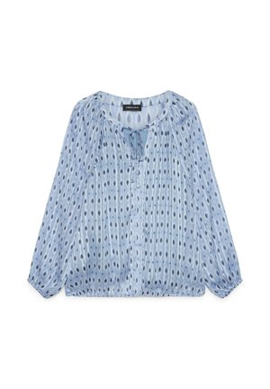 Vaaleansininen pitkähihainen pusero pisarakuviolla, pyöreällä kaula-aukolla, edessä solmittava suljenta sekä joustova helma ja hihansuut.