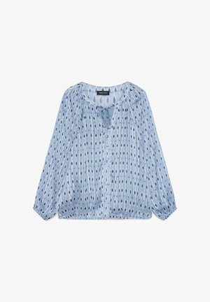 Lyseblå bluse med lange ærmer, tørrebladmønster, rund halsudskæring, bindelukning foran og elastisk kant og manchetter.