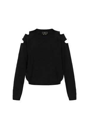 Czarny sweter z długim rękawem z wycięciami na ramionach i małymi ozdobami z koralików na krawędziach ramion.