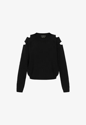 Czarny sweter z długim rękawem z wycięciami na ramionach i małymi ozdobami z koralików na krawędziach ramion.