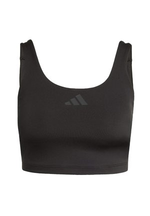 Black sports bra with a scoop neck and thick straps. Made of smooth, stretchy fabric featuring a subtle logo on the front.
