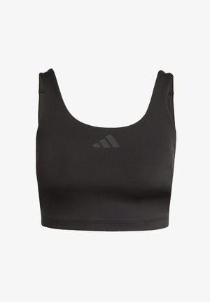 Black sports bra with a scoop neck and thick straps. Made of smooth, stretchy fabric featuring a subtle logo on the front.