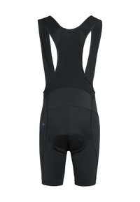 Black padded cycling bib shorts with mesh straps and reinforced seat area, shown from the back on white background.