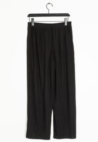 Zwarte, loszittende broek gemaakt van textuurstof met verticale strepen. Heeft een elastische tailleband en een rechte pijpdesign.