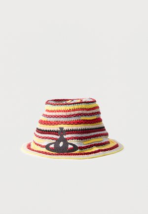Crocheted bucket hat with horizontal stripes in red, yellow, black, and gray, featuring a black emblem on the front brim.