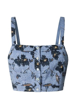 Crop top floreale in tessuto azzurro chiaro con motivi floreali neri e gialli, scollatura quadrata, spalline sottili e bottoni sul davanti.