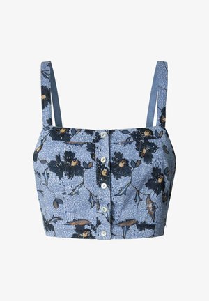 Crop top floreale in tessuto azzurro chiaro con motivi floreali neri e gialli, scollatura quadrata, spalline sottili e bottoni sul davanti.