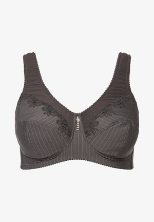 Grauer BH aus weichem Stoff mit gestreiftem Design, floralen Spitzenbesatz am Ausschnitt und einem dekorativen Mittelpunkt.